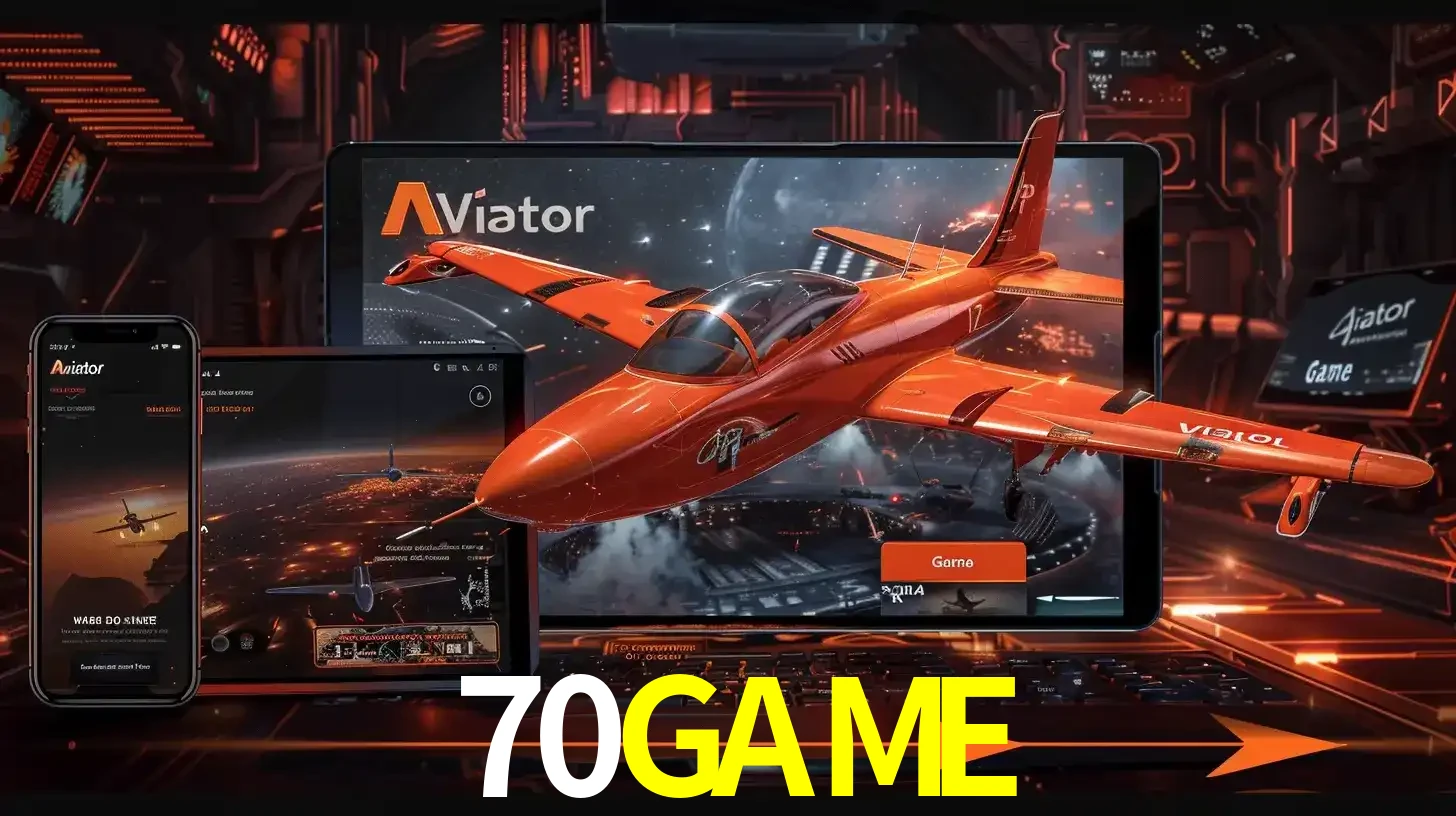 Apresentação tecnológica do jogo Aviator com um avião saindo da tela de um tablet, demonstrando a experiência imersiva em múltiplos dispositivos no 70GAME.