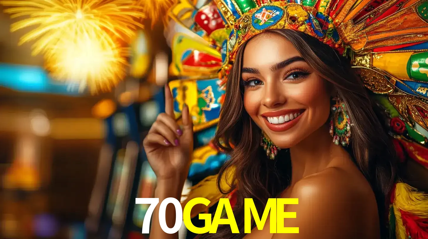 Mulher sorridente com um cocar de carnaval vibrante e colorido, celebrando uma grande vitória nos jogos do cassino 70GAME com fogos de artifício ao fundo.