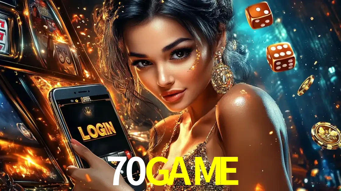 Mulher glamourosa segurando um celular com a tela de login do cassino 70GAME, rodeada por dados e moedas douradas, pronta para começar a diversão.