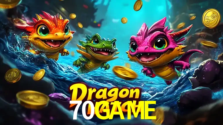 Arte promocional do jogo Dragon Hatch com três adoráveis dragões bebês nadando entre moedas de ouro, um dos slots mais divertidos para jogar no cassino 70GAME.