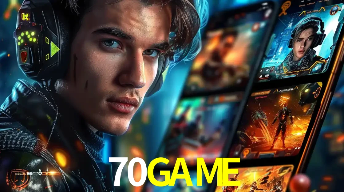 Jovem jogador com fones de ouvido olhando para a câmera, com um aplicativo de jogos e e-sports para celular ao fundo, pronto para a competição e apostas no 70GAME.