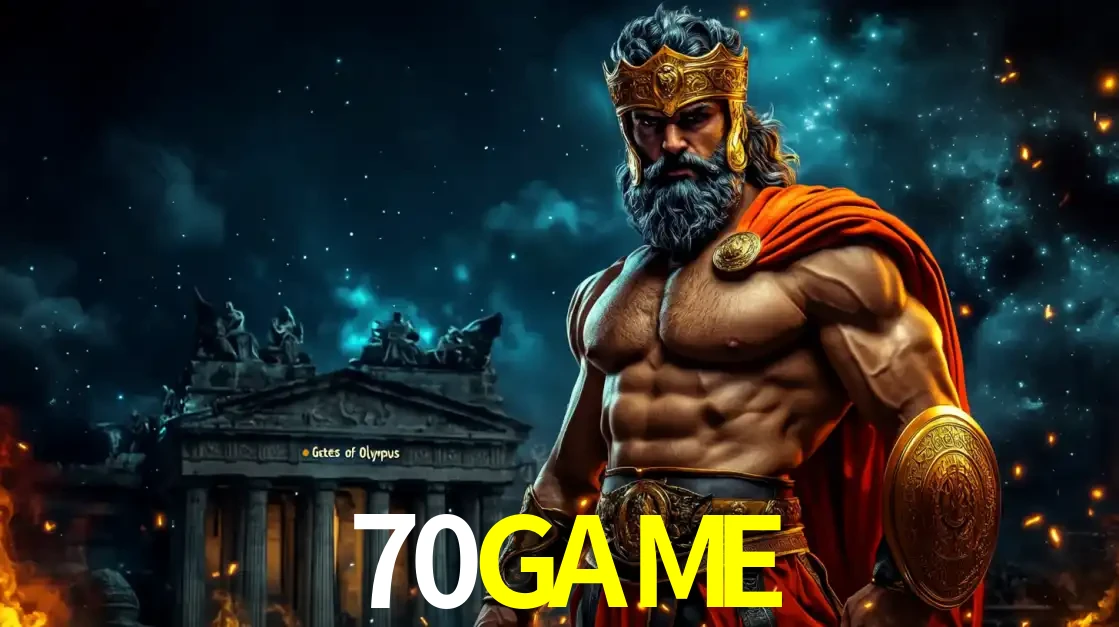 O poderoso Zeus do jogo de slot Gates of Olympus em frente ao seu templo, pronto para lançar multiplicadores divinos e prêmios épicos no cassino online 70GAME.