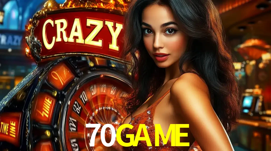 Mulher glamourosa olhando para a câmera com a roda vermelha do Crazy Time ao fundo em um ambiente de cassino, destacando a emoção dos jogos ao vivo no 70GAME.