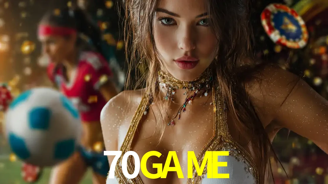 Mulher elegante representando a combinação de glamour e emoção das apostas esportivas, com uma jogadora de futebol ao fundo, destacando a ação no 70GAME.