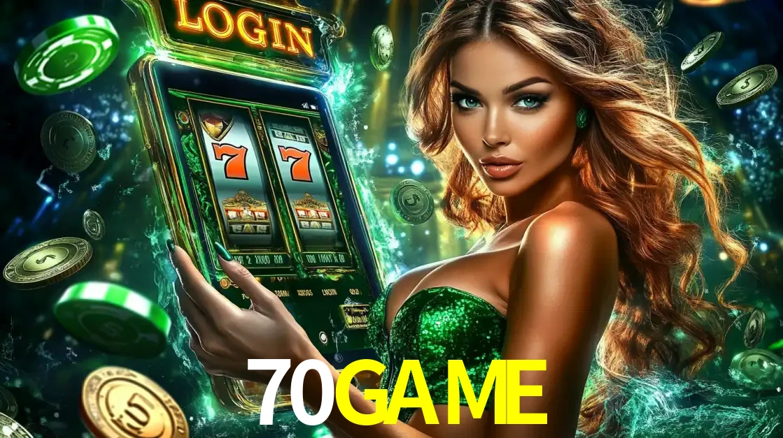 Mulher com tema verde apresentando o aplicativo do cassino 70GAME com um jogo de slot de 777, cercada por fichas de cassino e uma aura de sorte.