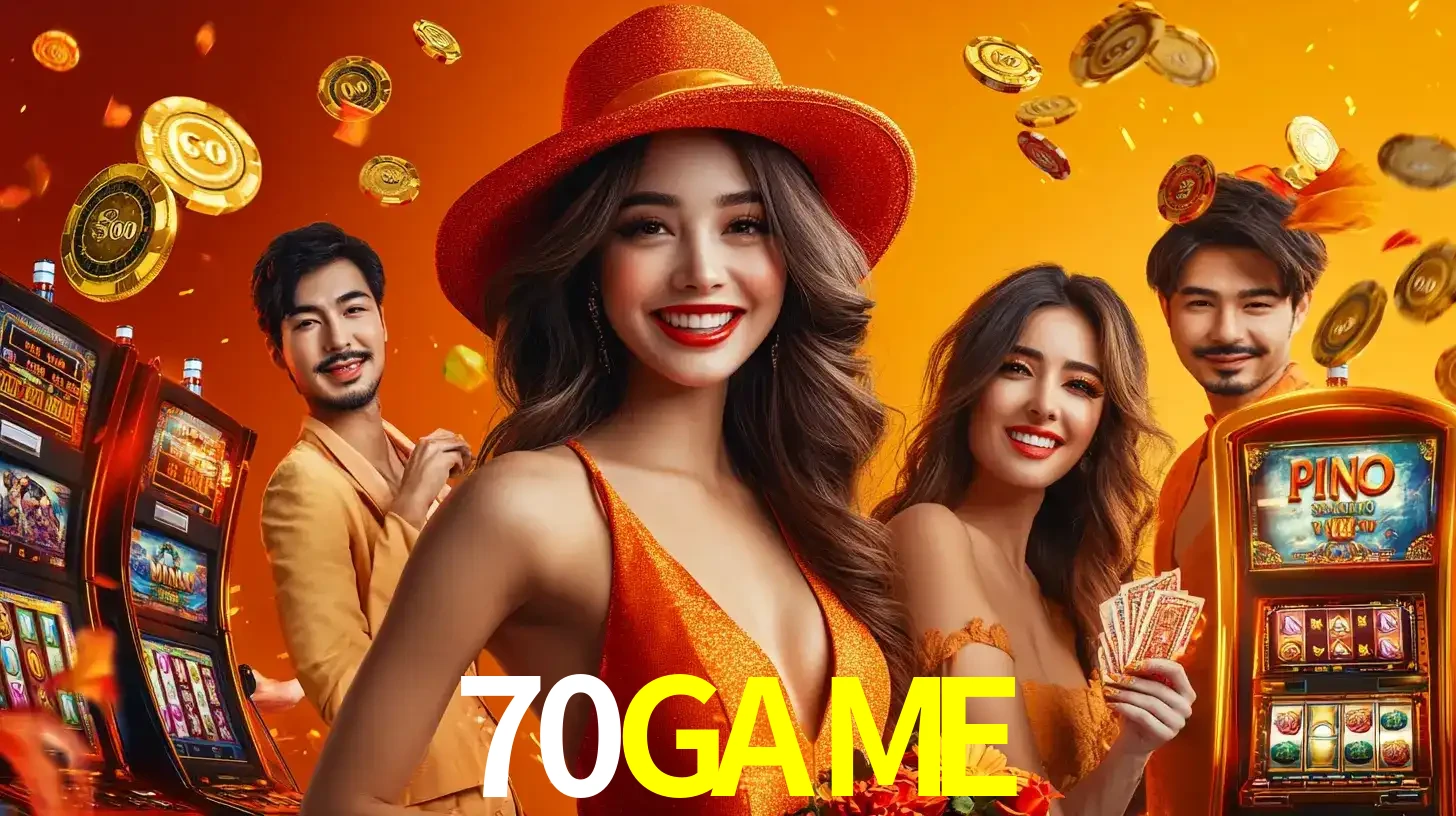 Grupo de amigos asiáticos sorrindo e se divertindo com máquinas de caça-níqueis em um ambiente festivo, celebrando suas vitórias nos jogos de cassino do 70GAME.