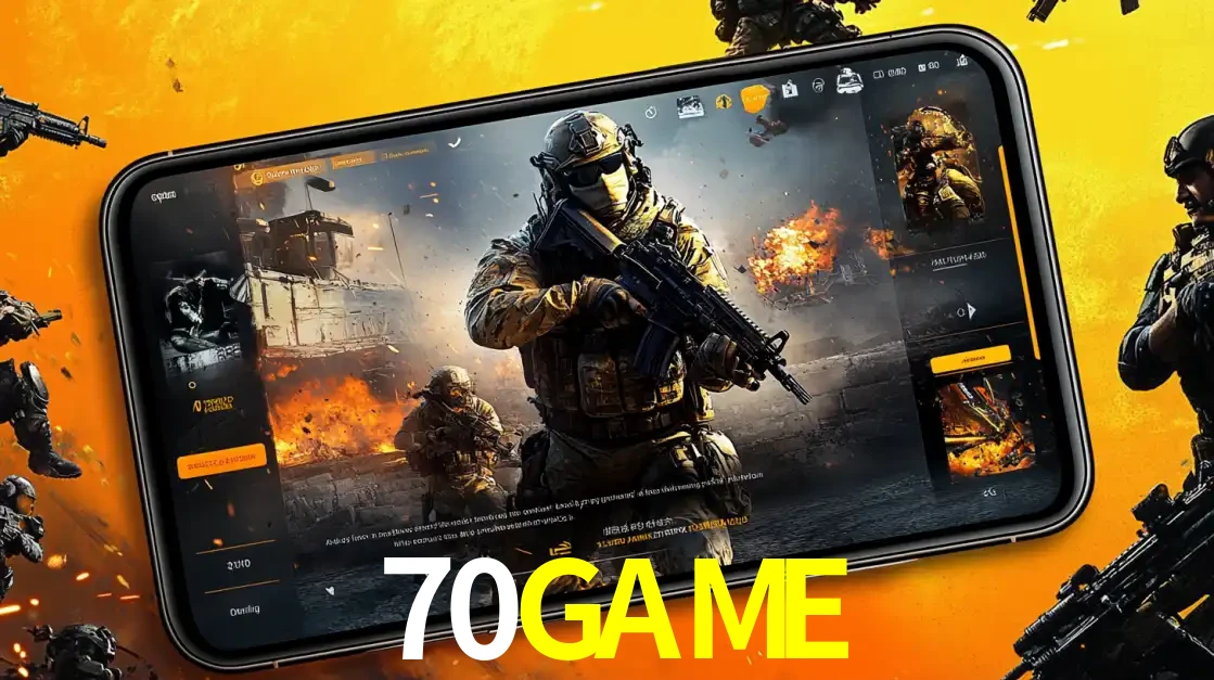Um smartphone exibindo a interface de um jogo de tiro em primeira pessoa, com um soldado em um cenário de batalha, representando a ação dos e-sports para apostar no 70GAME.