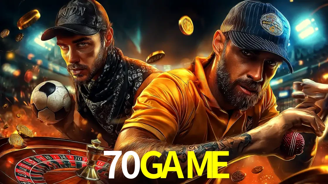 Montagem de apostas esportivas e cassino no 70GAME, com um homem segurando uma bola de futebol e outro uma de beisebol sobre uma roleta e moedas voadoras.