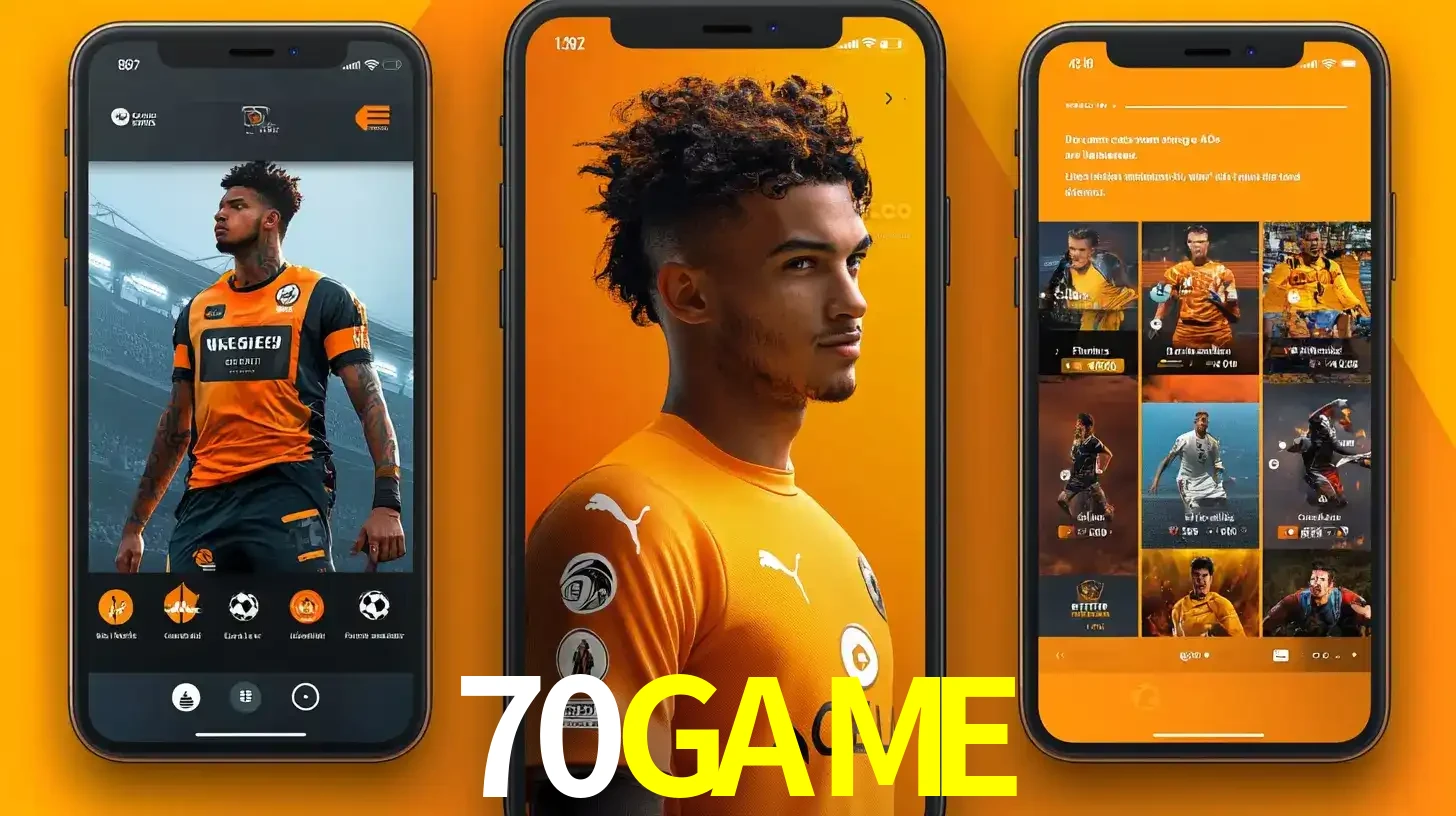 Interface do aplicativo de apostas esportivas 70GAME em três telas de celular, mostrando o perfil de um jogador de futebol e a lista de jogos disponíveis para apostar.