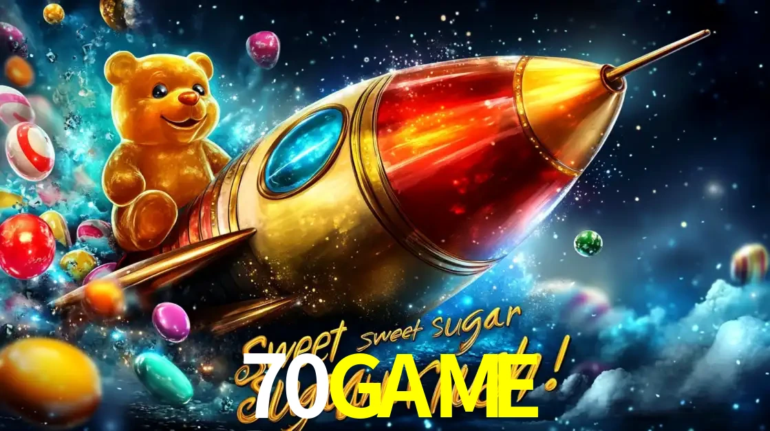Arte promocional do jogo de slot Sugar Rush, com um urso de pelúcia em um foguete viajando pelo espaço de doces, um dos jogos divertidos disponíveis no cassino 70GAME.