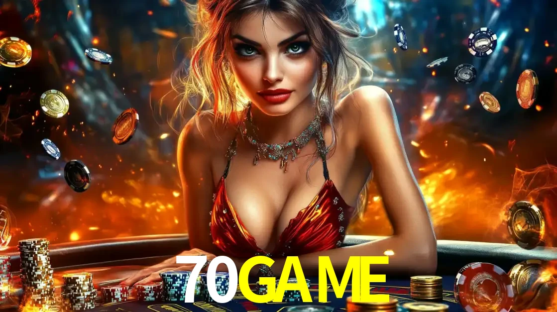 Mulher em uma mesa de cassino com pilhas de fichas e um fundo de fogo, pronta para uma rodada de altas apostas nos jogos de mesa emocionantes do cassino 70GAME.