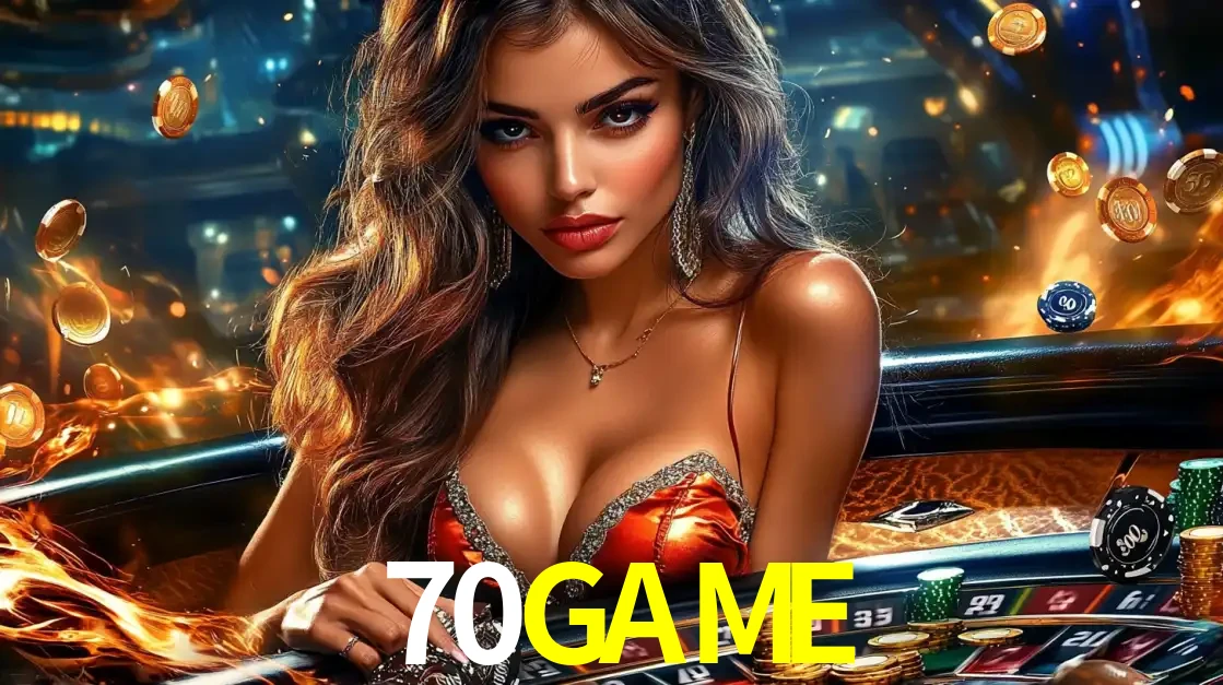 Mulher glamourosa em uma mesa de roleta com um fundo de chamas e moedas voadoras, pronta para fazer sua aposta e ganhar grandes prêmios no cassino ao vivo 70GAME.