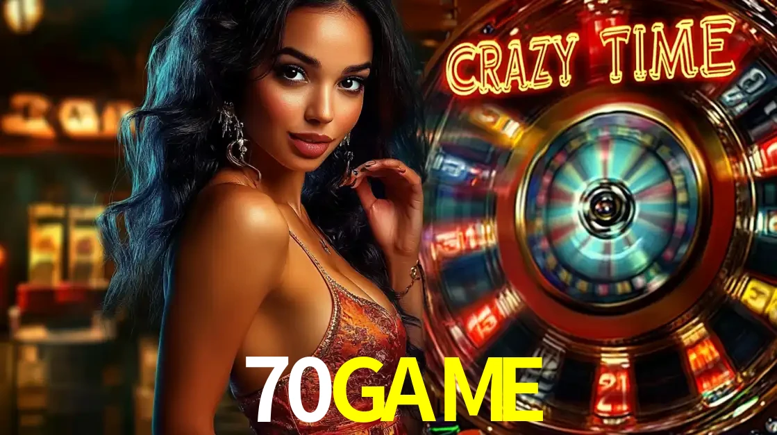 Mulher elegante ao lado da vibrante roda da fortuna do jogo de cassino ao vivo Crazy Time, um dos game shows mais populares e cheios de prêmios do 70GAME.