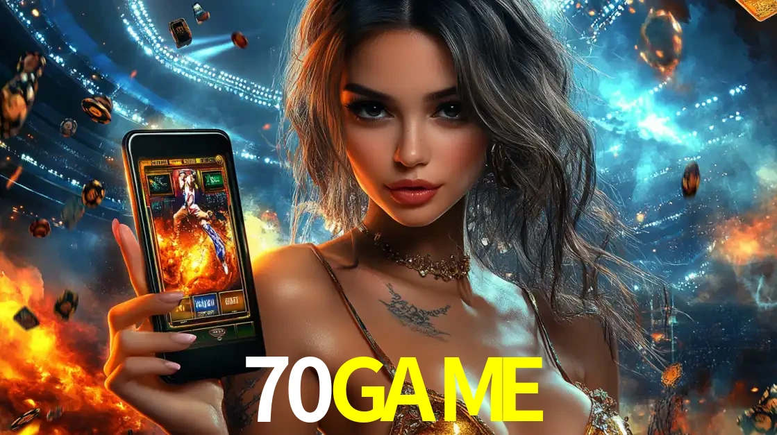 Mulher segurando um celular com um jogo de slot em destaque, tendo como fundo um estádio vibrante, simbolizando a emoção de jogar no cassino móvel 70GAME.