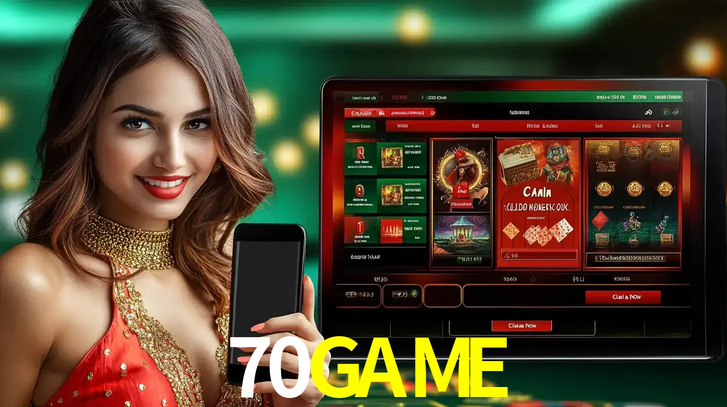 Mulher sorridente segurando um smartphone, ao lado de uma tela exibindo o lobby de jogos do cassino online 70GAME, com várias opções de jogos de cartas e slots.